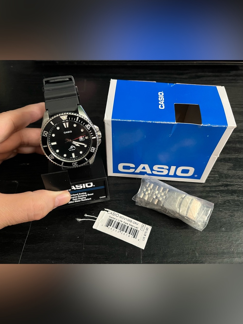 Casio Duro Marlin Black Dial Stainless Steel Watch with box and Jubilee Bracelet